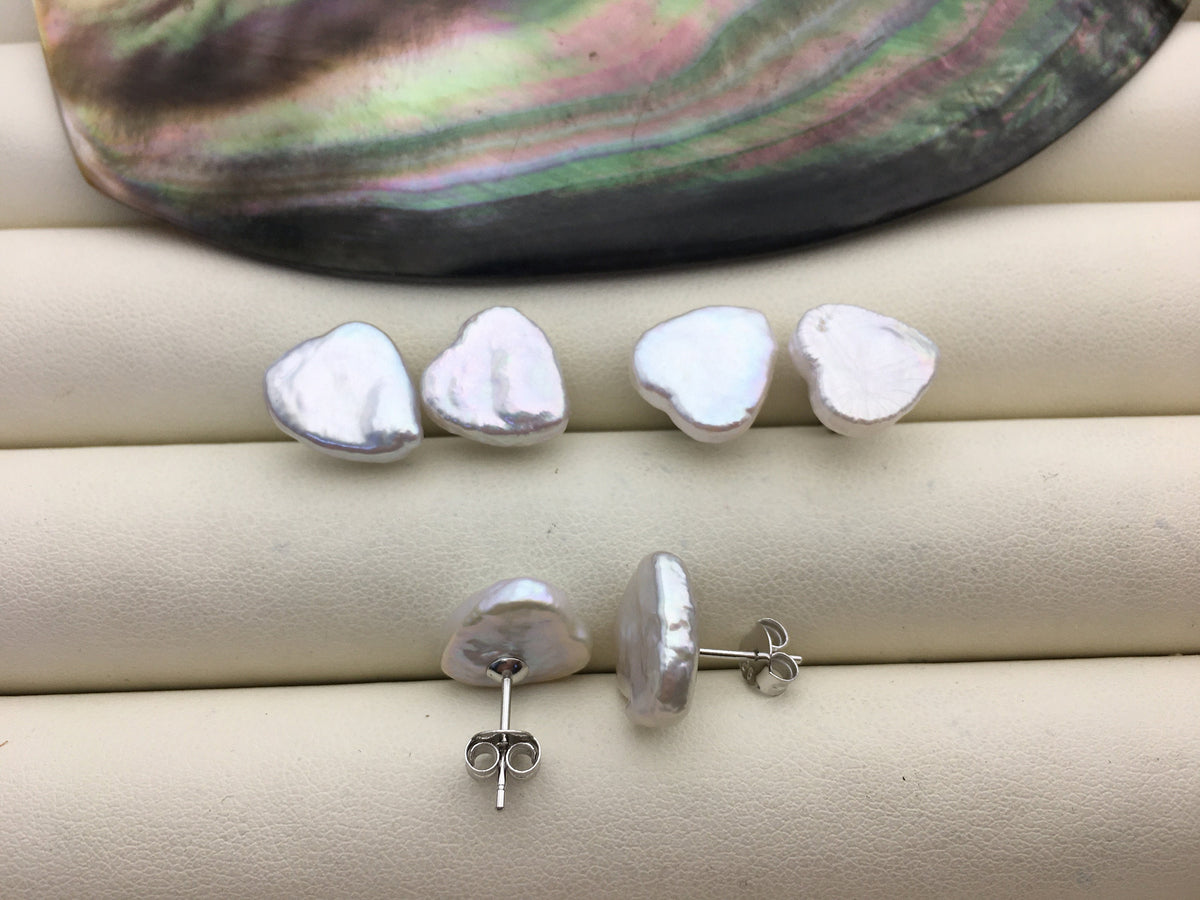 AAA 10-12mm white heart pearl stud earrings,sterling silver,earring with white baroque Natural Pearl,SE3-T31
