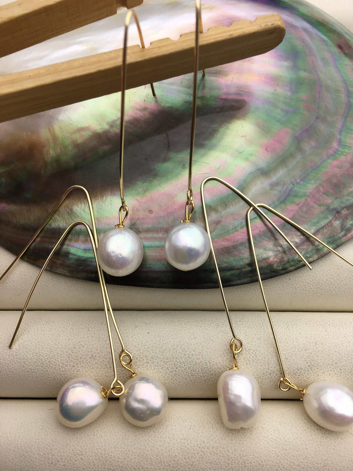 1 pair White 11mm big nugget freshwater pearl dangle earrings,wedding pearl earrings,SE3-131-1