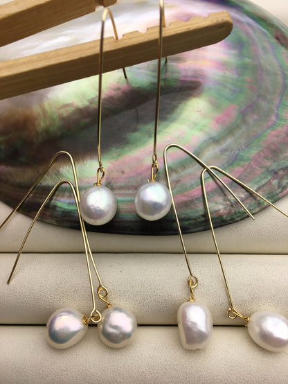 1 pair White 11mm big nugget freshwater pearl dangle earrings,wedding pearl earrings,SE3-131-1