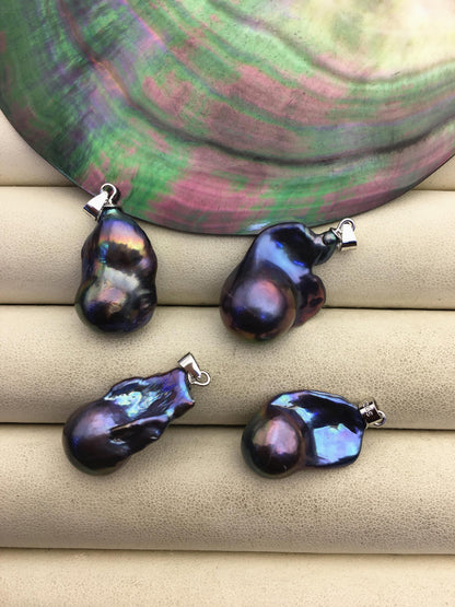 2pcs AAA12-15mm black rainbow baroque pearl pendant necklace,S925 Sterling silver pendant,NC1-008-3