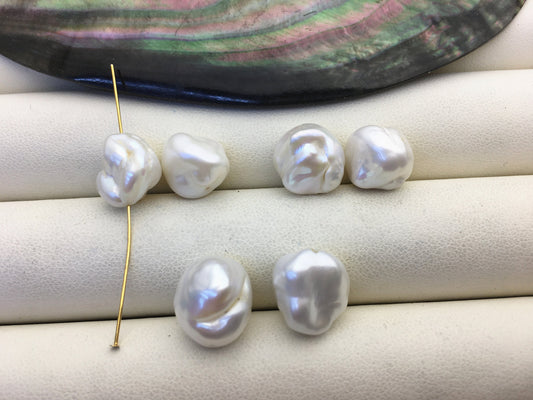 2 pairs AA 11-12mm Big White keshi pearls Pair,0.7mm through hole,ZS-127-62-9