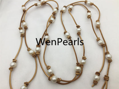Freshwater Pearl and Leather Necklace,long leather necklace,Light Brwon,Tan Leather Pearl necklace,Leather pearl necklace,Le3-050