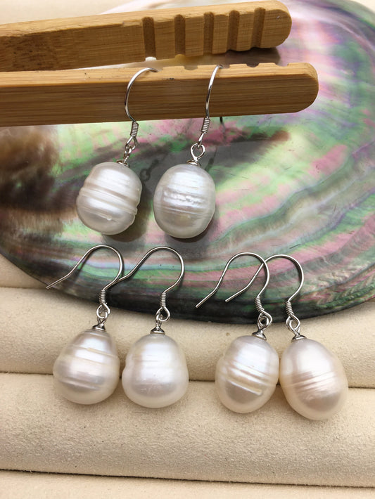 1 pair AA 12mm big white rice pearl dangle earrings,Sterling Silver,dangle pearl earrings,wedding earring,bridal,birthday,SE3-005