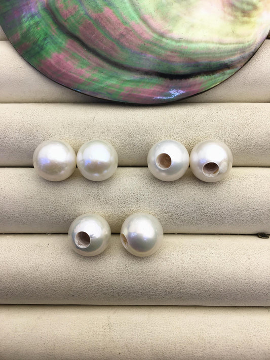 1 pair AA+ 12-13mm White round edison silver freshwater pearl Pair,4.0mm large hole half hole,ED11-3A-2-40