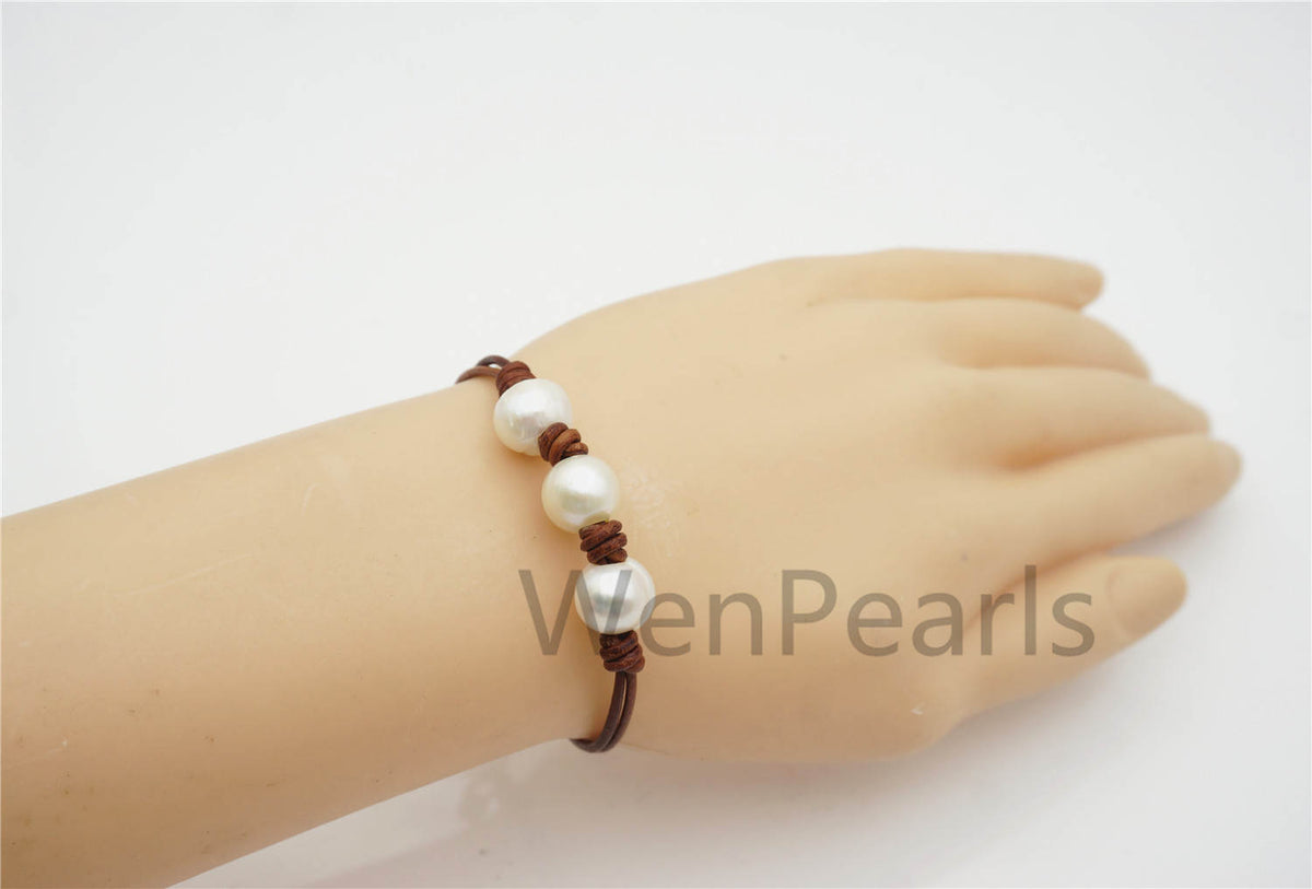 fashion jewelry,White pearl Leather Pearls Bracelet - plait leather bracelet - Select Leather Color - Genuine freshwater pearl - Le7-131