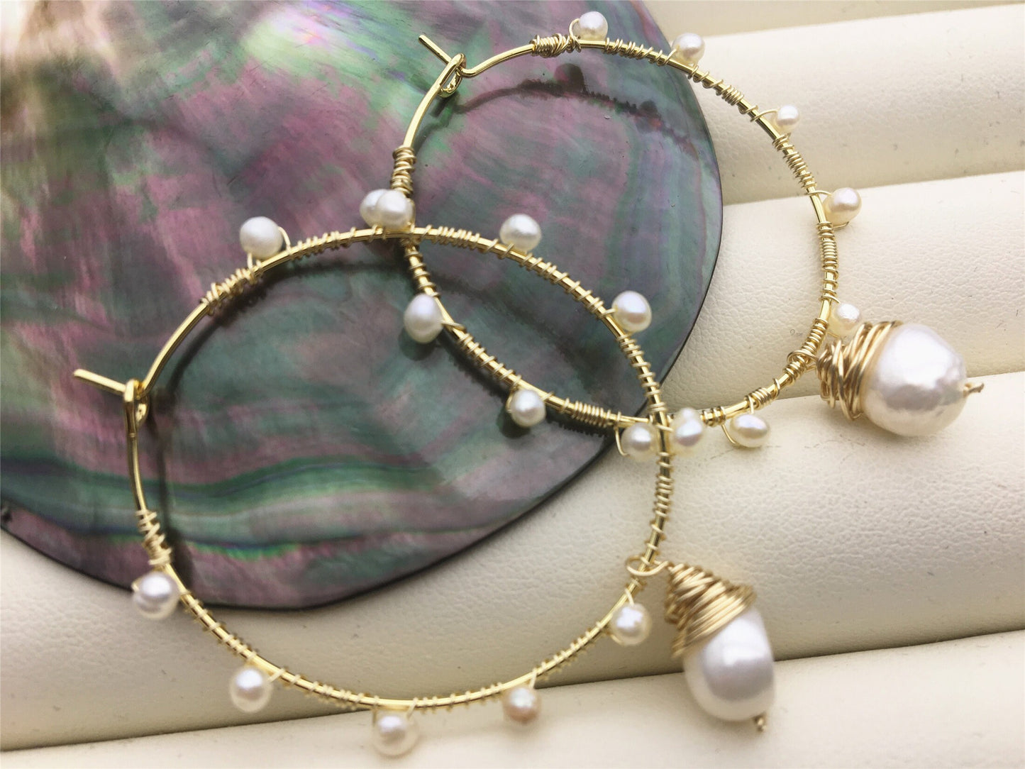 Handmade Big Hoop white pearl earrings,earring with white baroque Natural Pearl,SE3-120-9
