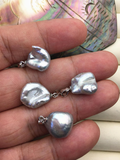 2pcs AAA 12-14mm Gray Bow Shape Keshi freshwater pearl pendant,sterling silver,NC1-T54