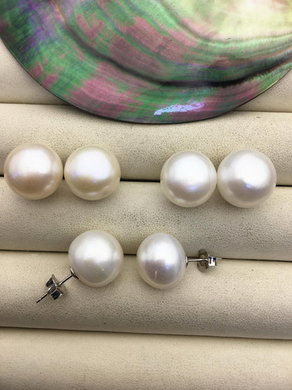 1 pair AA+ 14-15mm huge white button round Pearl Stud Earrings,freshwater pearl earrings,Wedding,classic pearl studs,SE1-069-18