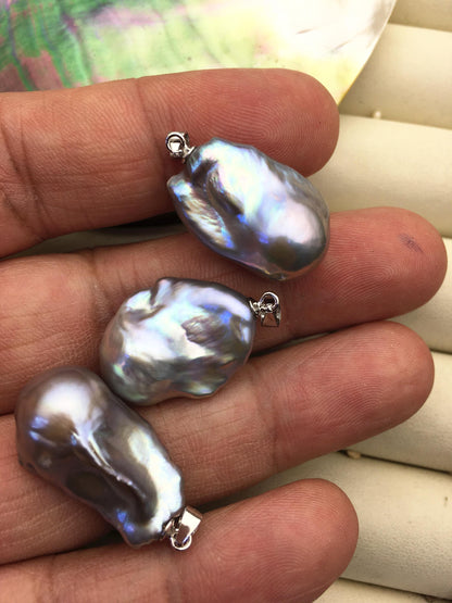 3pcs AAA 12-15mm Gray baroque pearl pendant necklace,S925 Sterling silver pendant,NC1-041-4