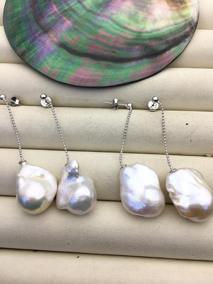 1 pair AAA 13-17mm white flame ball pearl stud earrings,sterling silver,earring with white baroque Natural Pearl,SE3-031-25