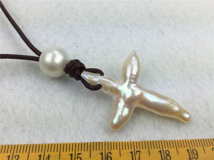 Cross Pearl Necklace,pearl and leather jewelry,leather necklace,creamy pearl,Cross Pearl Leather necklace,Le2-011