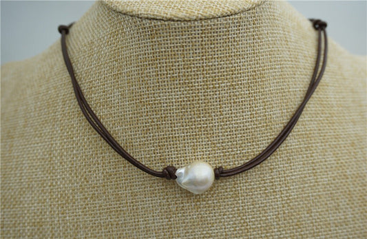 Two Strands Leather Necklace,Huge pearl necklace,Leather Pearl Choker, Pearl Leather Necklace, Black Leather Pearl necklace,Le1-065