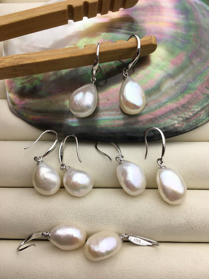 1 pair AAA 11mm White nugget pearl dangle earrings,S925 sterling silver,wedding pearl earrings,SE3-021