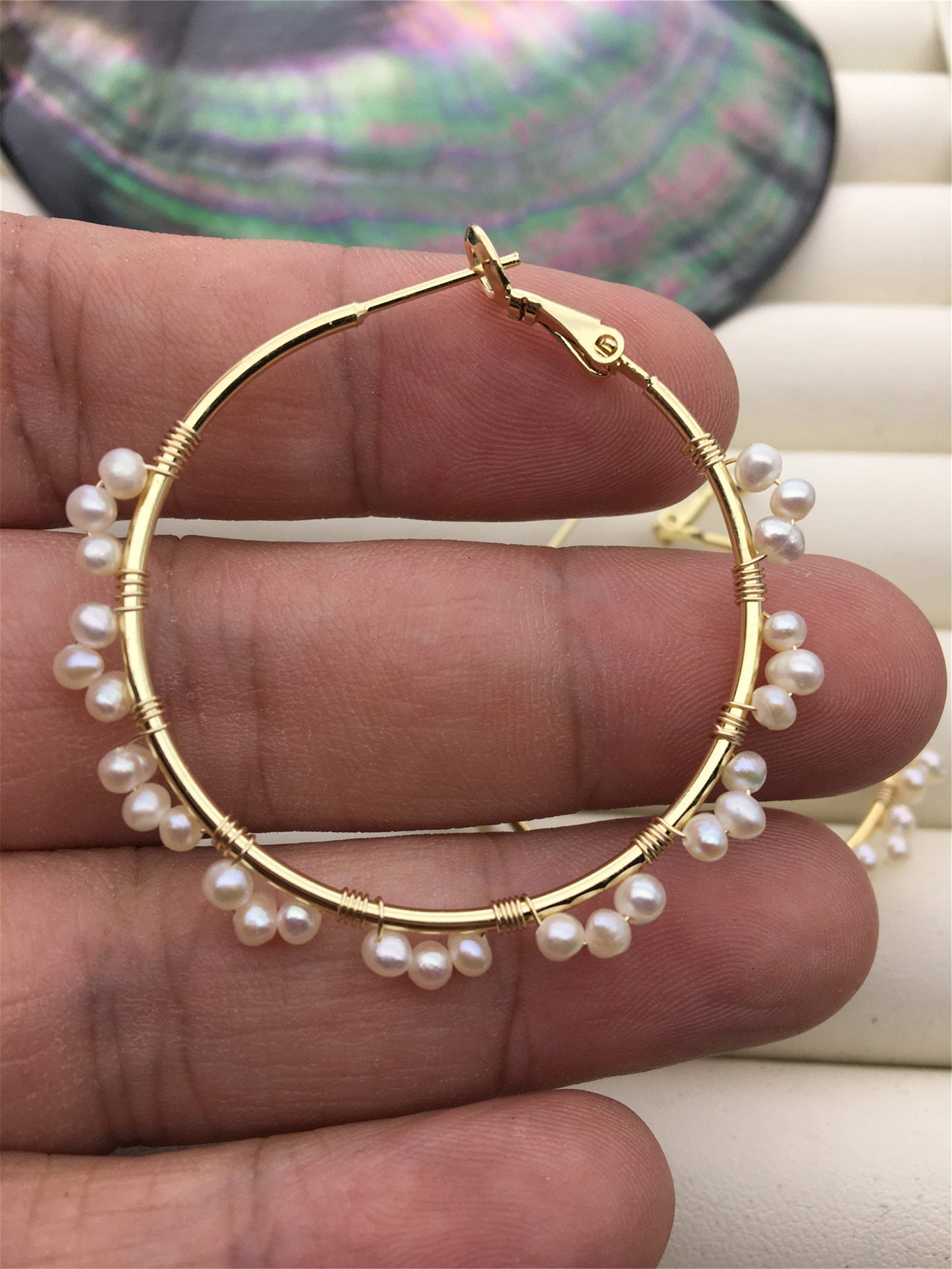 Big Hoop white tiny pearl Hook earrings,earring with tiny white Natural Pearl,SE3-120-1