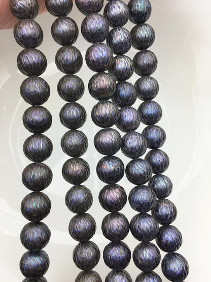 15.5'' AA+ 10-13mm Black Round Carved Freshwater Pearl - Hand Carved - CAC-T23