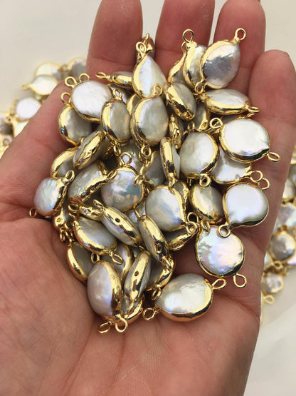 5pcs AA+ 12-13mm White Coin Pearl Double Bail Connector Charm Pendant with Gold Electroplated Edge for make bracelet necklace,EDG-037