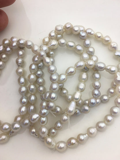 High Luster!2pcs 7 inchs AA+ 6-7mm White with natural gray Baroque Rice Freshwater Akoya pearl Elastic string Bracelet,B8-003-3