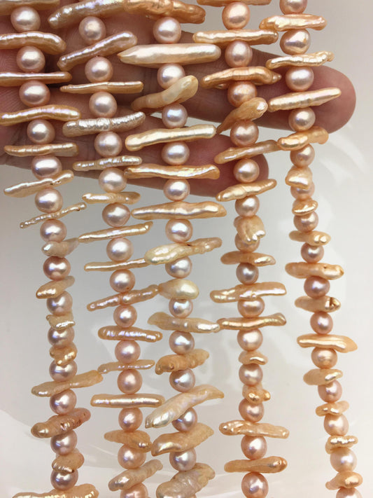 AA+ 6-8mm pink orange Biwa Pearl Necklace,ZS-128-3