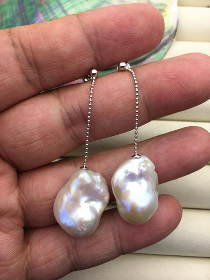 1 pair AAA 13-17mm white flame ball pearl stud earrings,sterling silver,earring with white baroque Natural Pearl,SE3-031-25