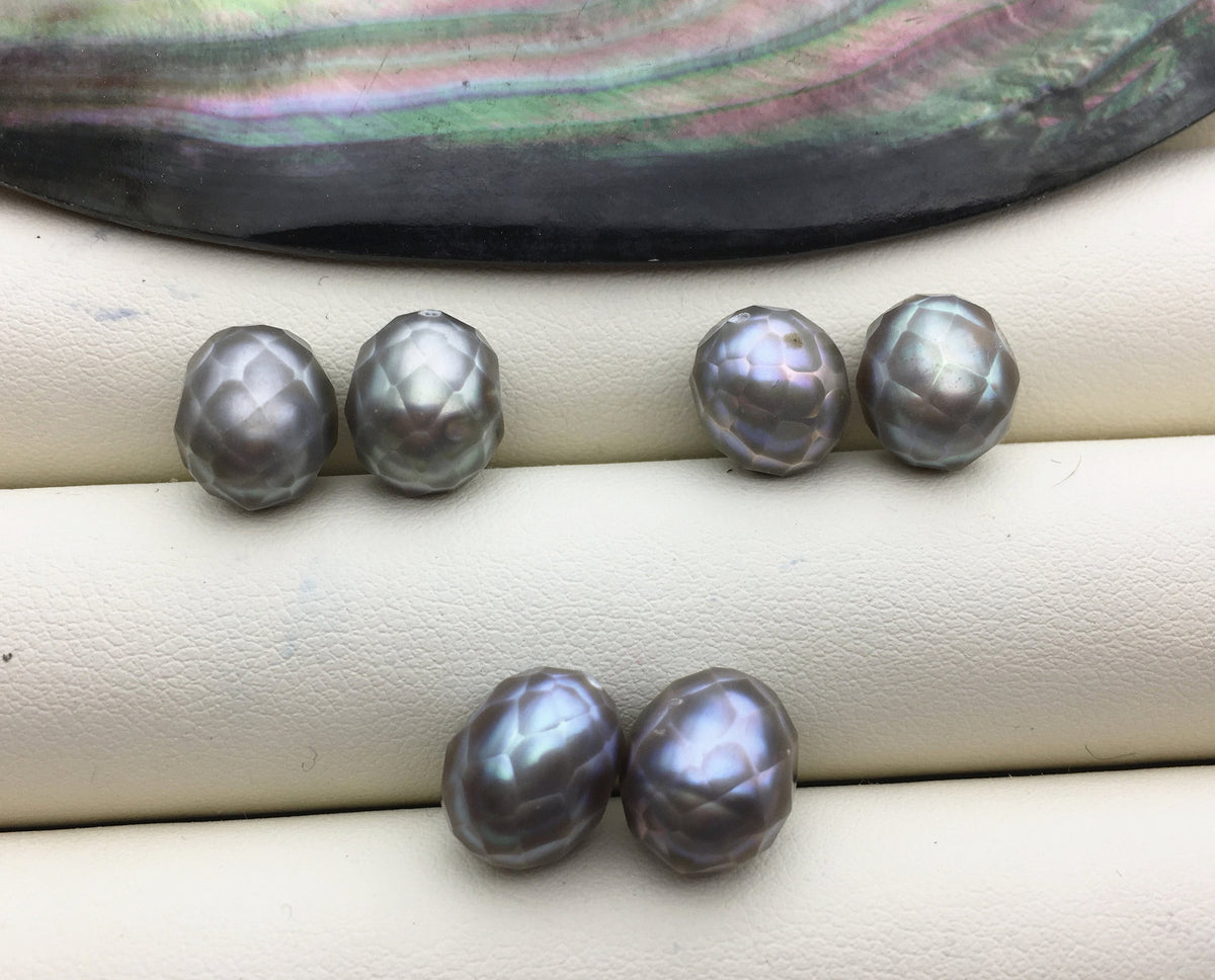 1 pair AAA 9.3-10mm Gray carved rice freshwater pearl pairs,oval pearl,LR9-3A-4-1