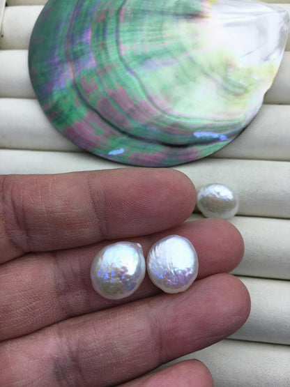 2 pairs AAA 13-14mm White Thick Coin Freshwater Pearl White loose Beads Pair,top half hole,ZS-103-37-24