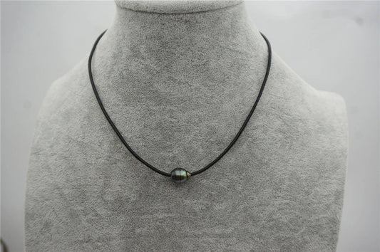 10-12mm Tahitian pearls hand rolled and knotted leather necklace, men or women choker, Black Leather Pearl necklace,Le11-025