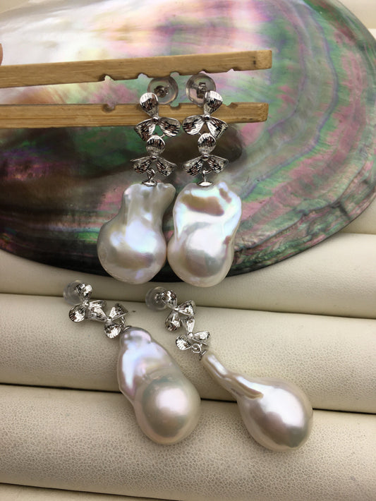1 pair AA+ 14-16mmx20-28mm flame ball pearl stud earrings,sterling silver,earring with white baroque Natural Pearl,SE3-031-2