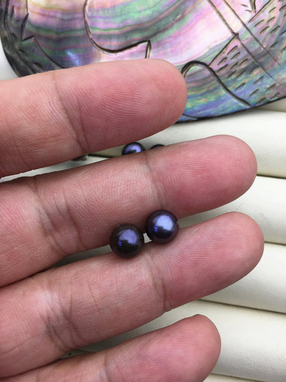 1 pair AAA 8-8.5mm Deep Blue Round Pearl Stud Earrings,Sterling Silver,Wedding,classic pearl studs,SE1-T47
