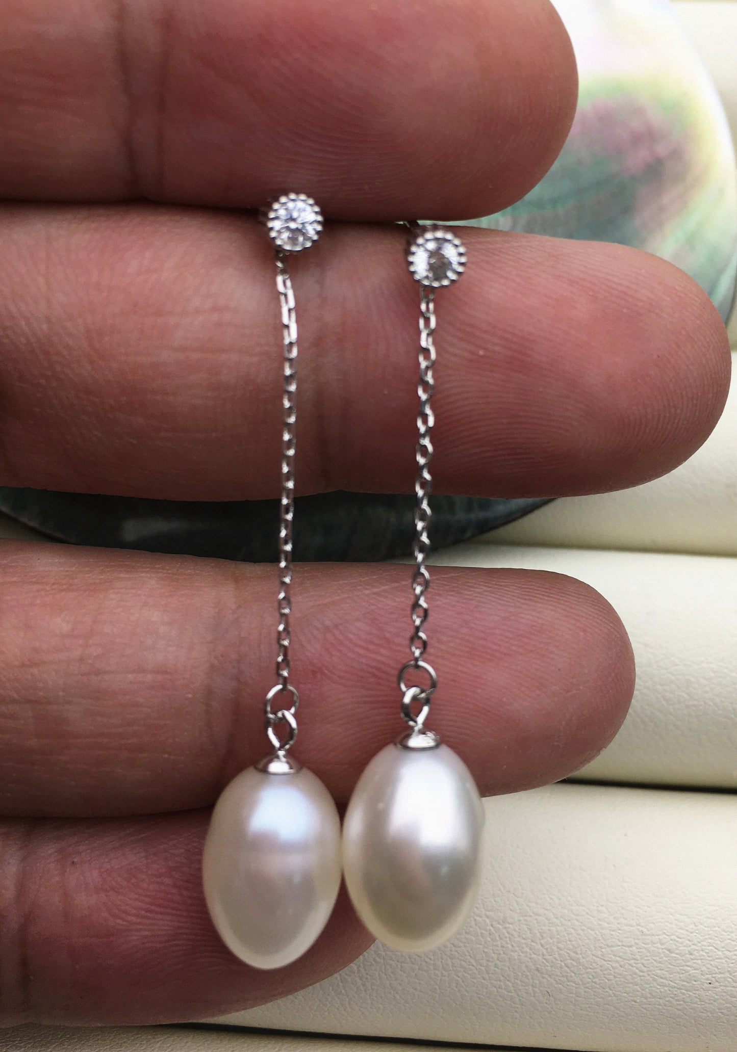 AAA 9mm White rice pearl cz stud earrings,zircon S925 Sterling Sliver pearl earrings,pearl for women for girl,SE3-045
