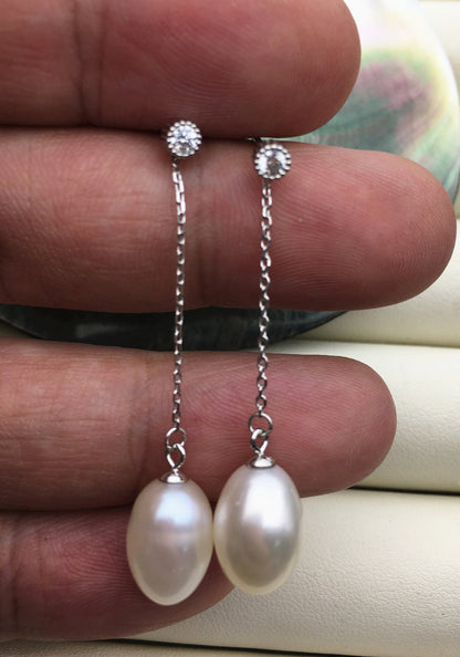 AAA 9mm White rice pearl cz stud earrings,zircon S925 Sterling Sliver pearl earrings,pearl for women for girl,SE3-045