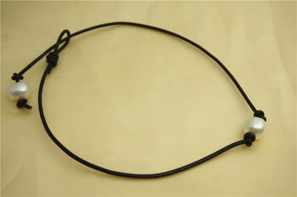 12mm big Round pearl necklace,Leather Pearl Choker, Pearl Leather Necklace, White Freshwater pearl, Black Leather Pearl necklace,Le1-030