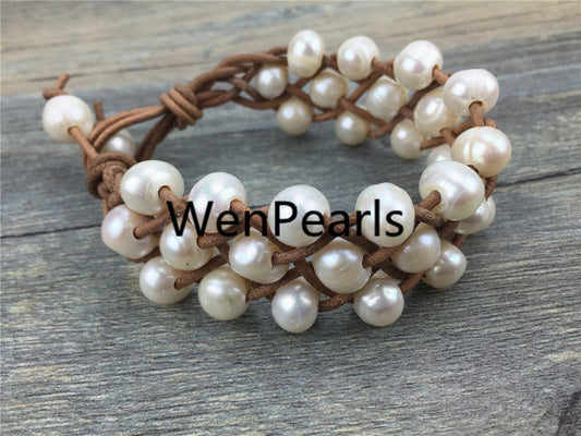Three rows pearl bracelet,Leather Pearls Bracelet, Handmade Cuff,White Pearls on Brown Leather,Black leather bracelet,Le7-037