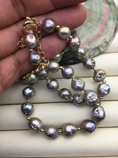 7+2'' AA 8-11mm gray rainbow edison baroque drop Freshwater pearl gold color chain Bracelet,B8-055-2