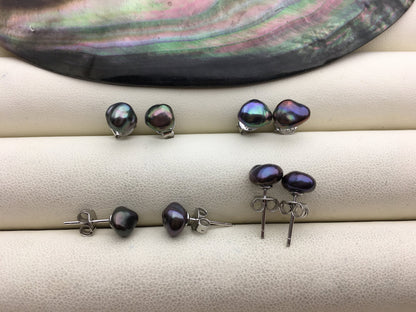 1 pair AAA 6-7mm Black blue keshi Freshwater Pearl Stud Earrings,Stud Earrings for Women Girls,SE3-025