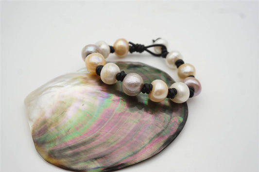 11-14mm very big thick button round Pearls leather bracelet,misc color pearl,Select leather color,Handmade Cuff,Le8-006