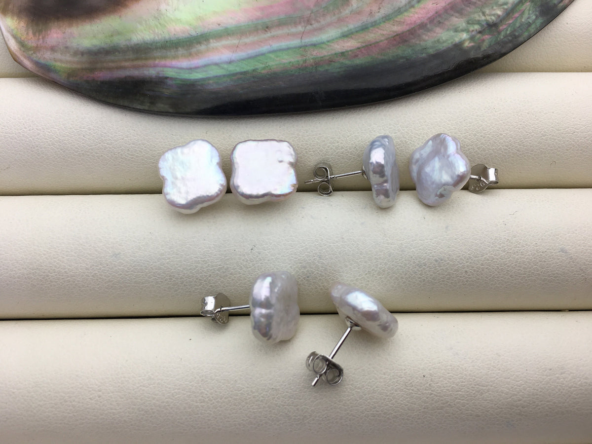 AAA 10-11mm white flower pearl stud earrings,sterling silver,earring with white baroque Natural Pearl,SE3-T49