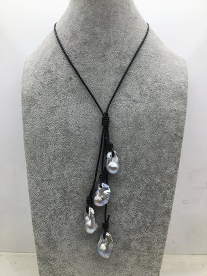 Four Gray Flame ball pearl and leather necklace,Baroque Freshwater Pearl Drop Necklace,Flaming ball pearl necklace,wholesale,Le4-059