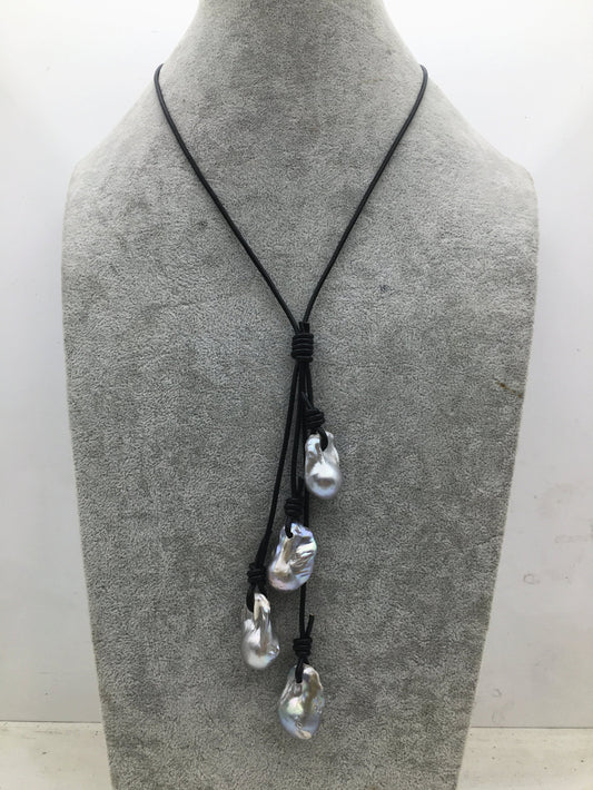 Four Gray Flame ball pearl and leather necklace,Baroque Freshwater Pearl Drop Necklace,Flaming ball pearl necklace,wholesale,Le4-059