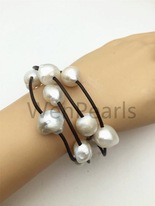13-15mm very very big pearl - 4 rows Leather Pearls Bracelet - Genuine freshwater pearl - Real leather - Le7-082