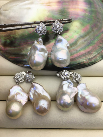 1 pair AA+ 14-16mmx20-28mm flame ball pearl flower stud earrings,sterling silver,earring with white baroque Natural Pearl,SE3-031-3