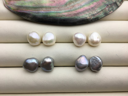 2 pairs AAA 11mm White/Gray Big nugget baroque loose pearl pairs for make stud earrings - 0.9mm bottom half hole - ZS-103-37-20