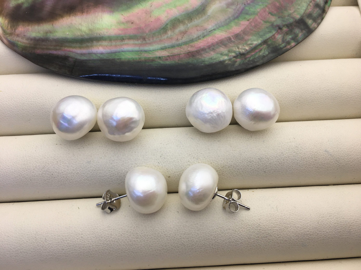 AAA 13-13.5mm big white wrinkled skin baroque button round Pearl Stud Earrings,SE1-069-15