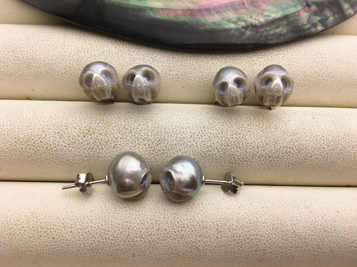 AAA 8mm/10mm white/pink/purple/black/gray HandMade Carved Skull Freshwater Pearl Stud Earrings,Stud Earrings for Women Girls,SE3-016