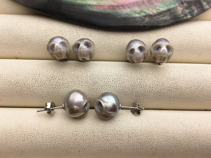 AAA 8mm/10mm white/pink/purple/black/gray HandMade Carved Skull Freshwater Pearl Stud Earrings,Stud Earrings for Women Girls,SE3-016
