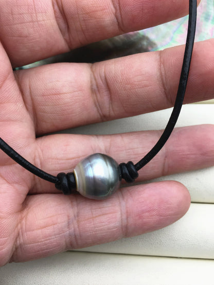 1pc 13-15mm huge big Tahitian Pearl Choker Necklace,Pearl Leather Necklace,Black Leather Pearl necklace,Le11-003