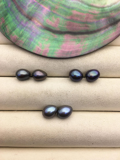 2 pairs AAA 7-7.5mm green black rice freshwater pearls pairs,oval pearl earrings,top half hole,LR7-3A-3