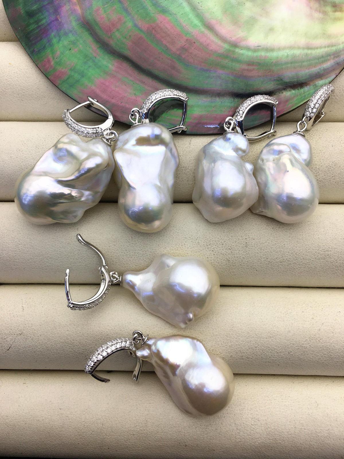 1 pair AAA 13-17mm white flame ball pearl diamond hook earrings,sterling silver,earring with white baroque Natural Pearl,SE3-031-19