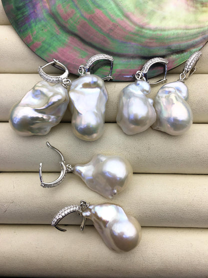 1 pair AAA 13-17mm white flame ball pearl diamond hook earrings,sterling silver,earring with white baroque Natural Pearl,SE3-031-19