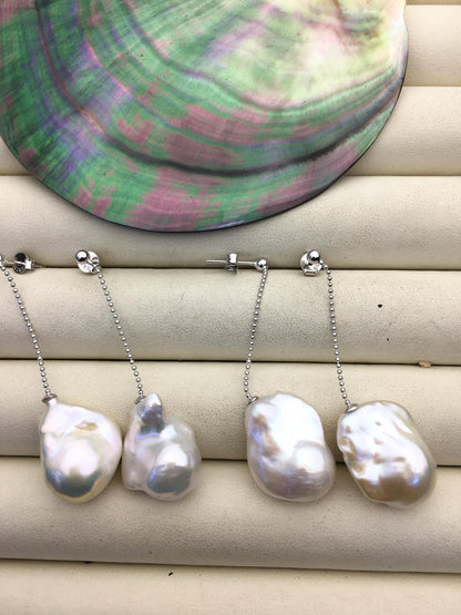 1 pair AAA 13-17mm white flame ball pearl stud earrings,sterling silver,earring with white baroque Natural Pearl,SE3-031-25