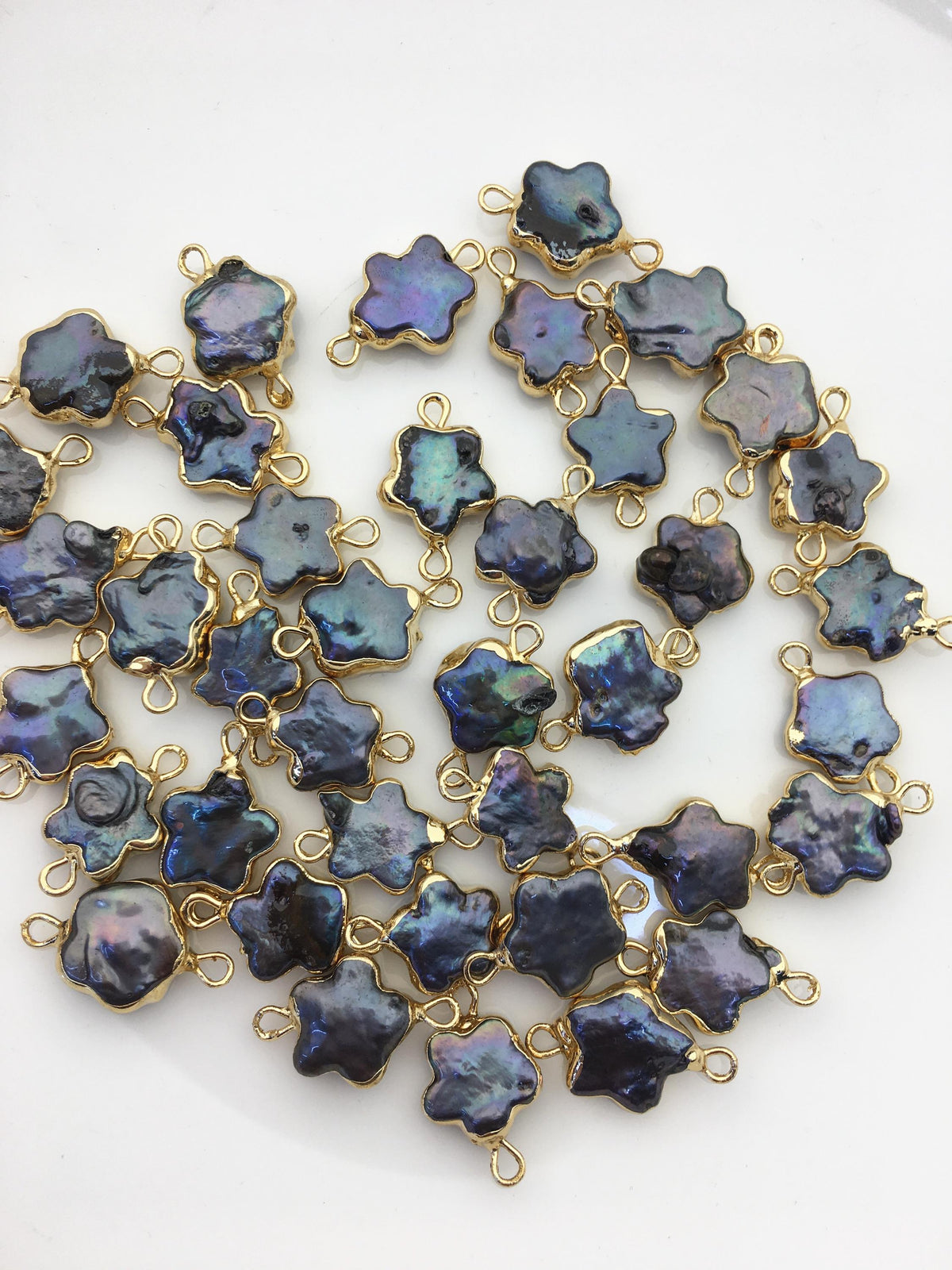 10pcs AA 11-12mm black plum blossom Pearl Double Bail Connector Charm with Gold Electroplated Edge for make Earrings bracelet,EDG-011